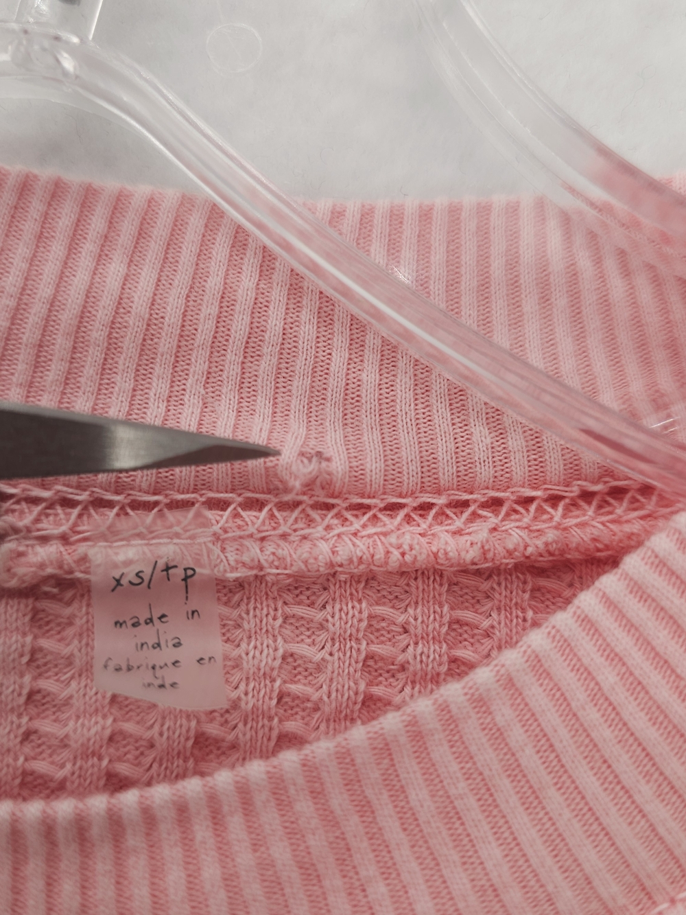 FREE PEOPLE Tasha Thermal Top Waffle Knit Pastel Pink Lace Sleeve XS -SMALL HOLE - Picture 8 of 8